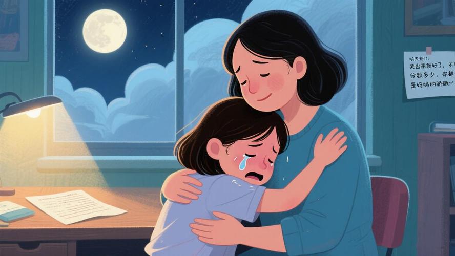 孩子考试失利后妈妈安慰的特写场景