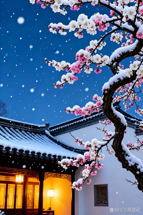 南山落满梅花的清冷雪景图