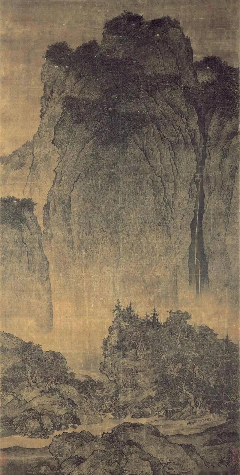 北宋溪山行旅图中藏在山脚的行旅人物特写图