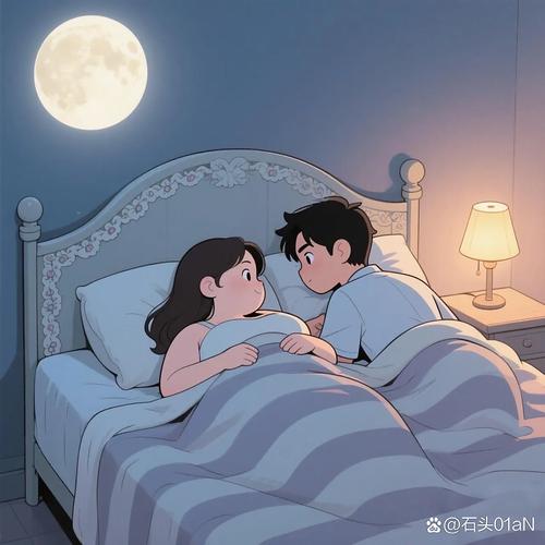 夫妻睡前躺在床上轻松聊天的温馨插画
