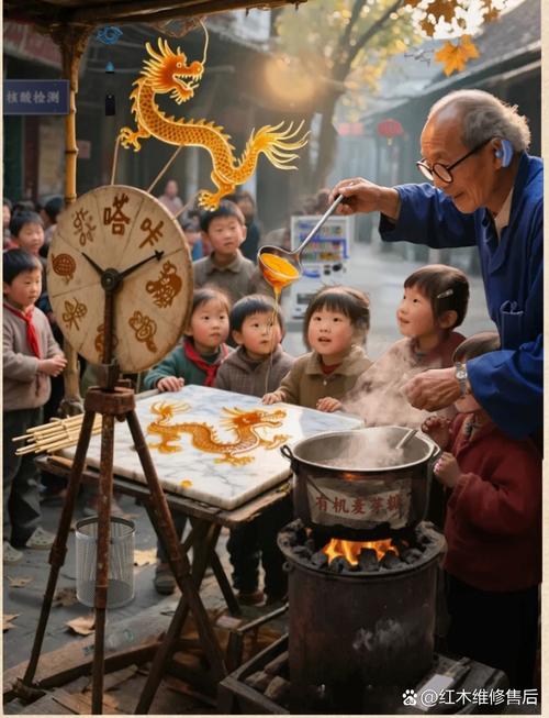 老巷口儿童围观民间糖画制作场景
