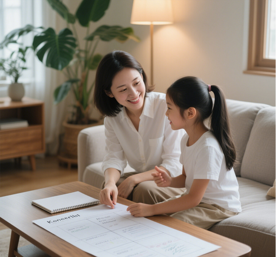 妈妈追着孩子讲题客厅日常场景