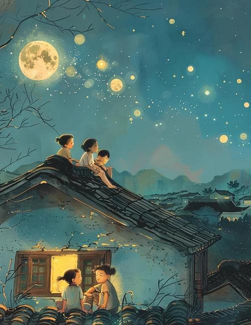 亲子夏夜屋顶看星手绘场景