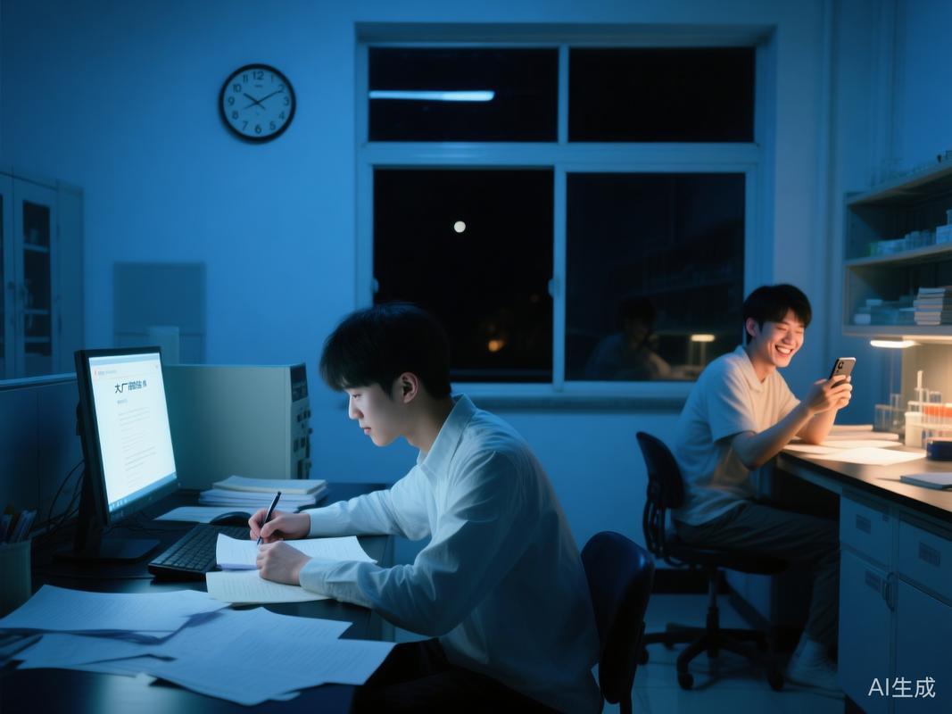 博士实验室深夜赶论文焦躁场景