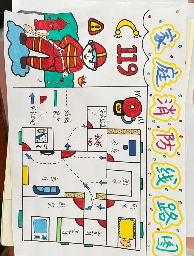 手绘家庭逃生路线图贴冰箱实拍