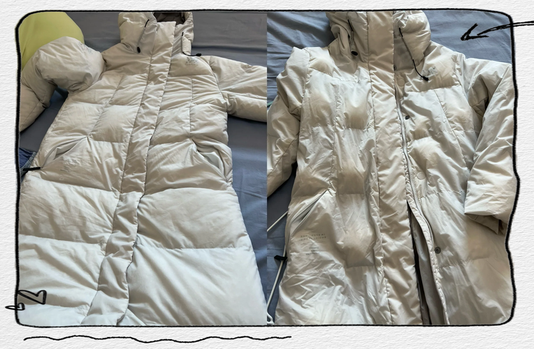 机洗后结块成团的长款羽绒服
