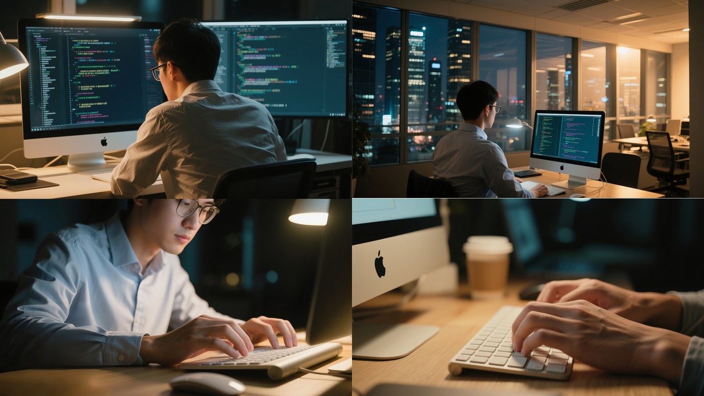 深夜办公室程序员加班,电脑显示代码与劳动法条文