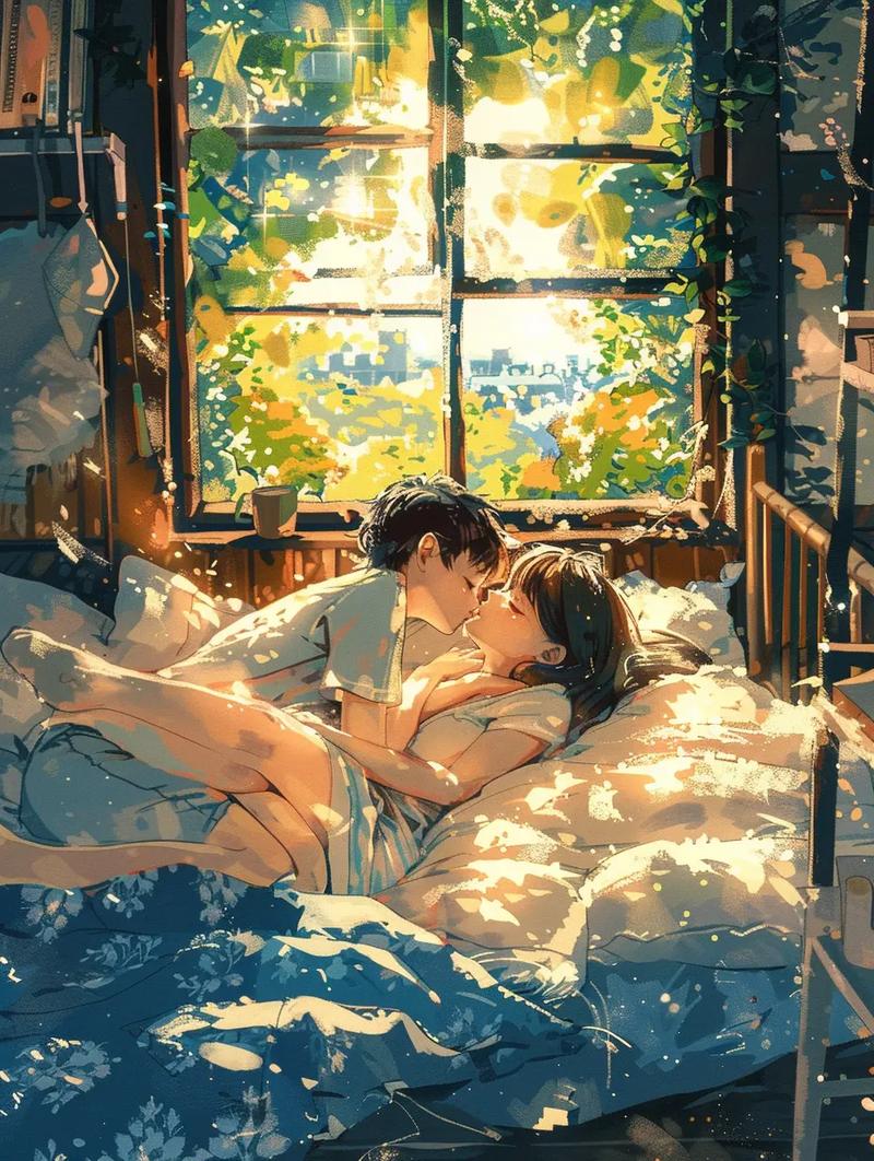 妈妈温柔亲吻孩子额头道早安的温馨卧室场景