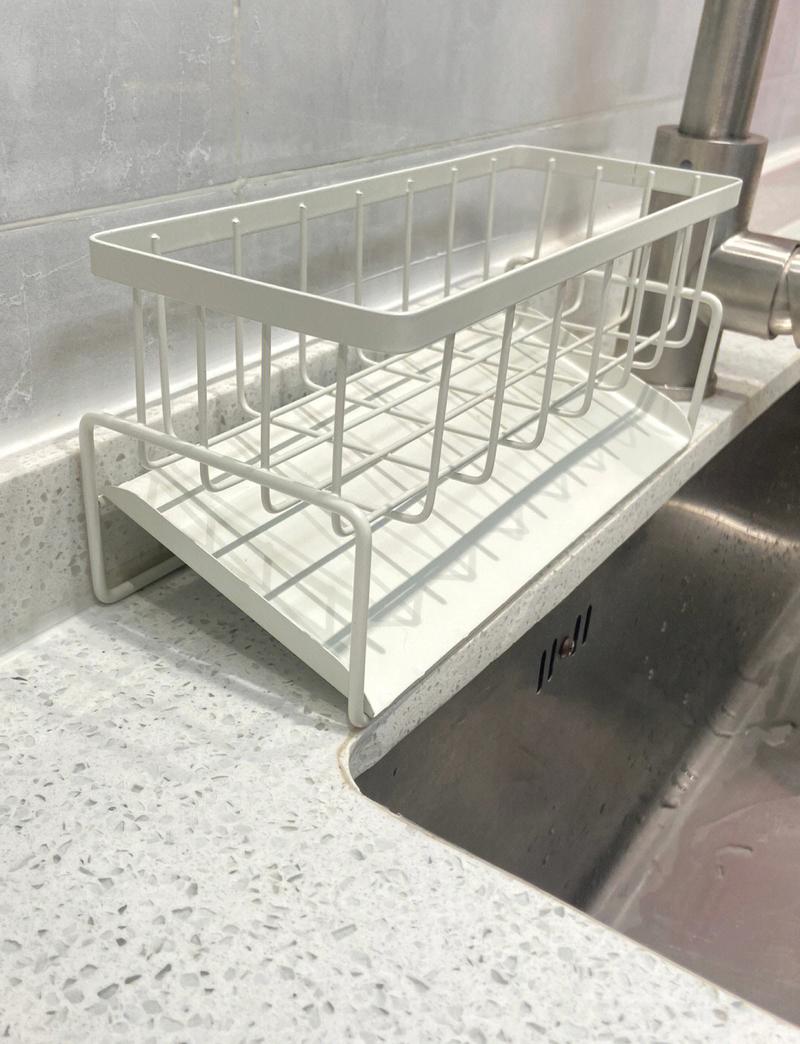 厨房水槽边挂式米白色铁艺餐具沥水架