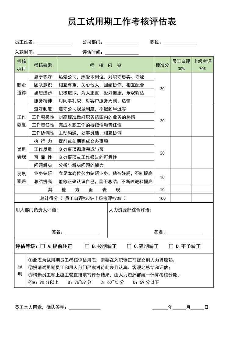 公司试用期考核评价表单