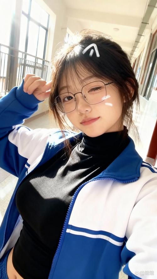 中学走廊靠墙站的蓝白校服女学生