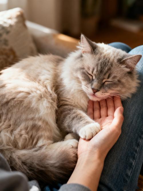 猫咪蜷缩在主人腿上发出呼噜声的特写