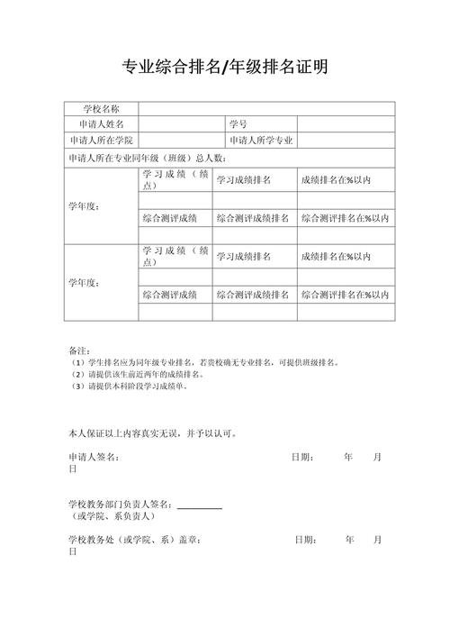 高中年级排名证明官方模板与填写示例