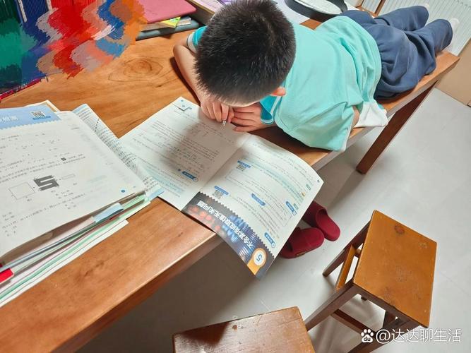 六年级小学生趴在书桌修改论述题作业