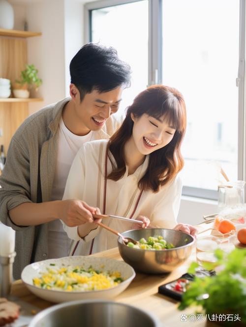 夫妻一起洗餐具轻松聊天微笑