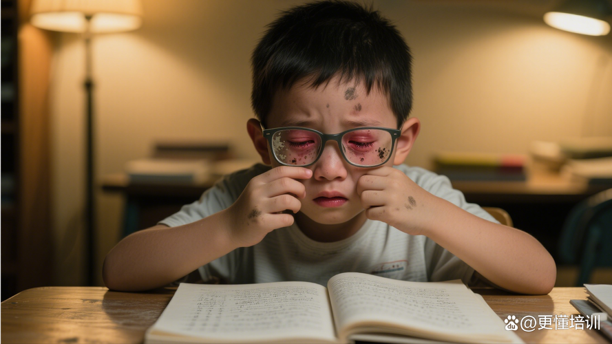深夜书桌前疲惫的中学生揉眼睛