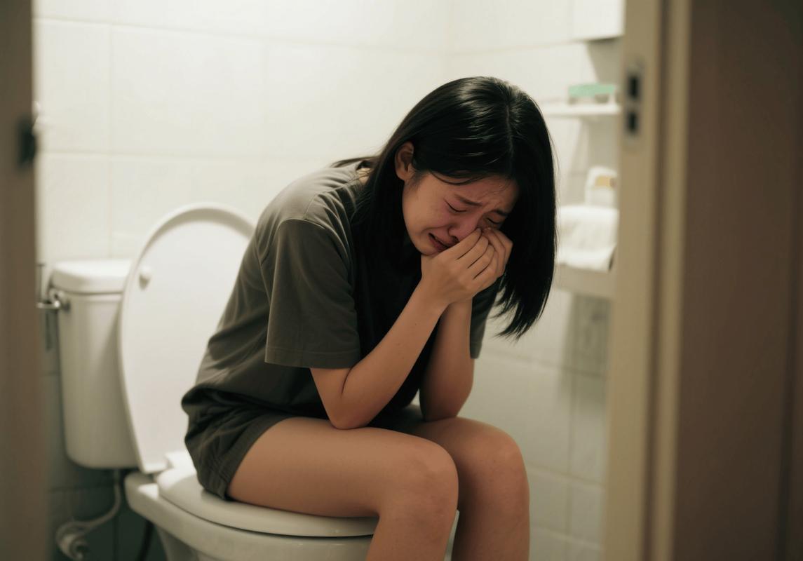 中学洗手间隔间外躲着哭的女生侧影