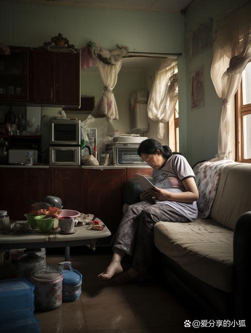 疲惫的母亲抱着孩子坐在凌乱客厅的纪实照片