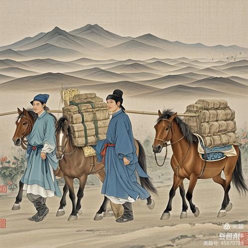 元代驿道秋风中旅人牵马行旅图
