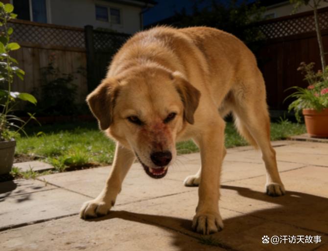 主人靠近狗食盆狗低吼紧绷实拍
