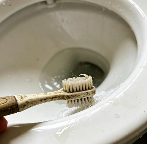 用旧软毛牙刷清理马桶圈下方衔接处黄垢的实拍
