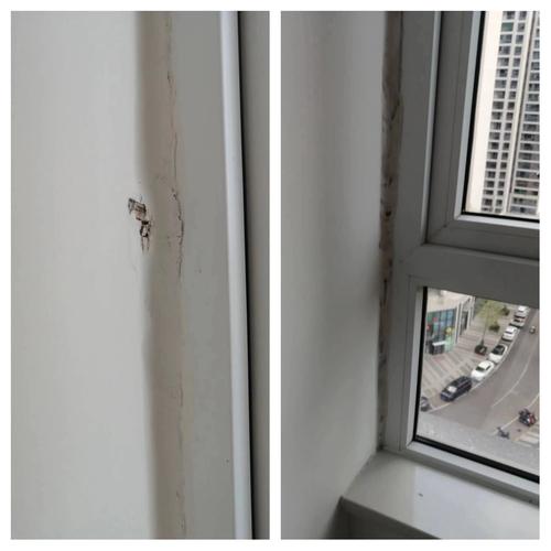 没有窗套的窗户边缘裂缝和磕碰实拍