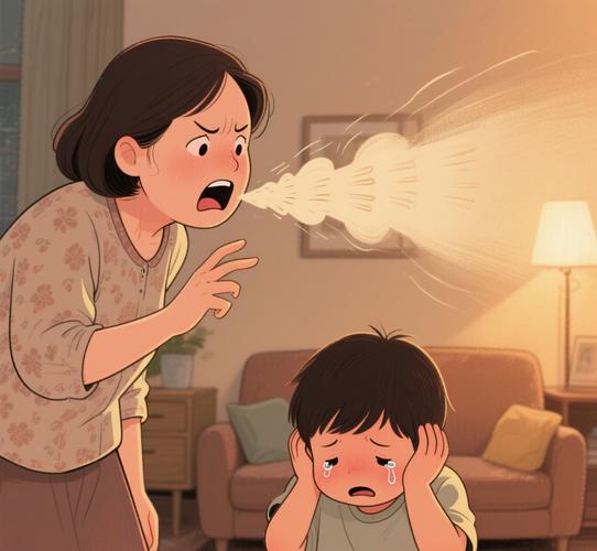 家长对孩子吼叫孩子捂住耳朵的漫画