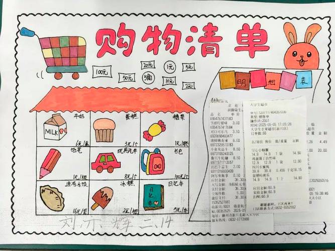 幼儿园孩子跟着妈妈在超市货架前指着商品列手绘清单