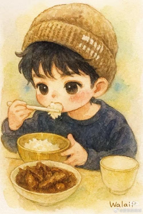 小孩躲在米缸偷吃炒米手绘插画