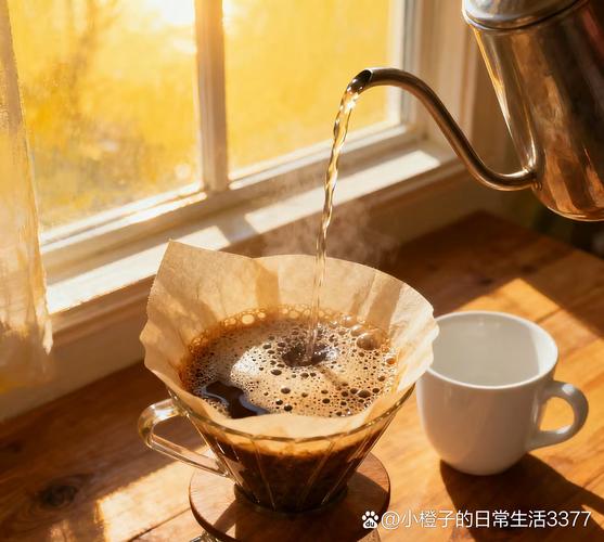 清晨阳光下手冲咖啡的温暖场景,水流细注