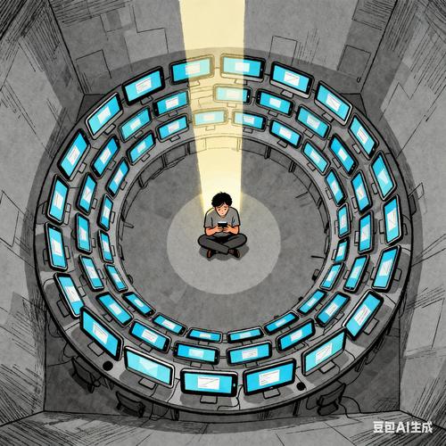 人被手机屏幕中弹出的夸张表情包淹没的合成图,象征信息茧房