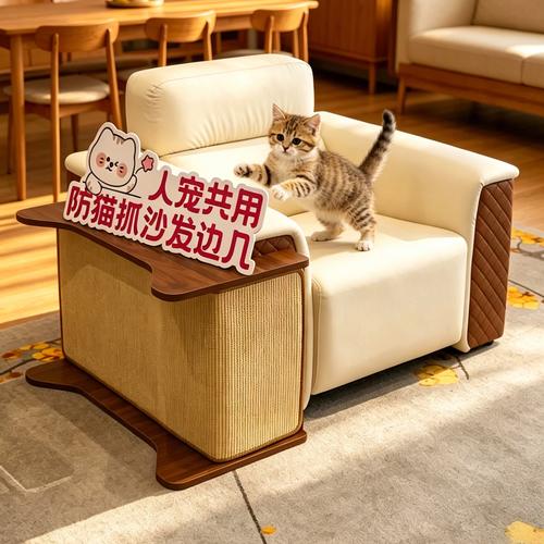 客厅沙发旁靠墙放置立式猫抓板场景