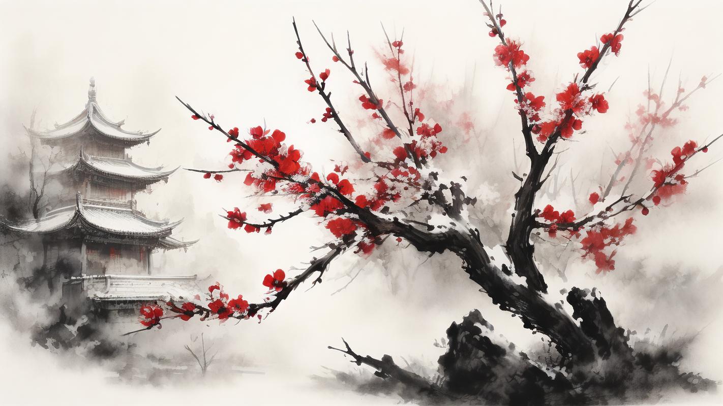 中国古典水墨画梅花飘落南山意境