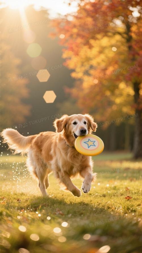 户外草坪上叼着飞盘的金毛寻回犬