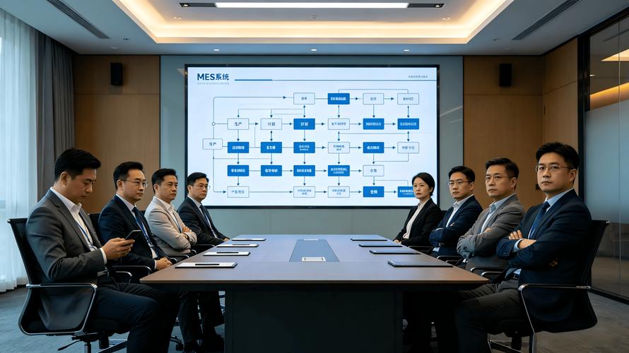 企业办公区走廊三人站会沟通场景 白板上写着项目风险点