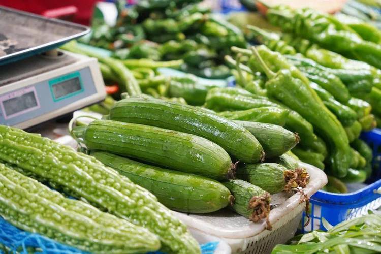 夏季农贸市场摊头的当季绿叶瓜类蔬菜