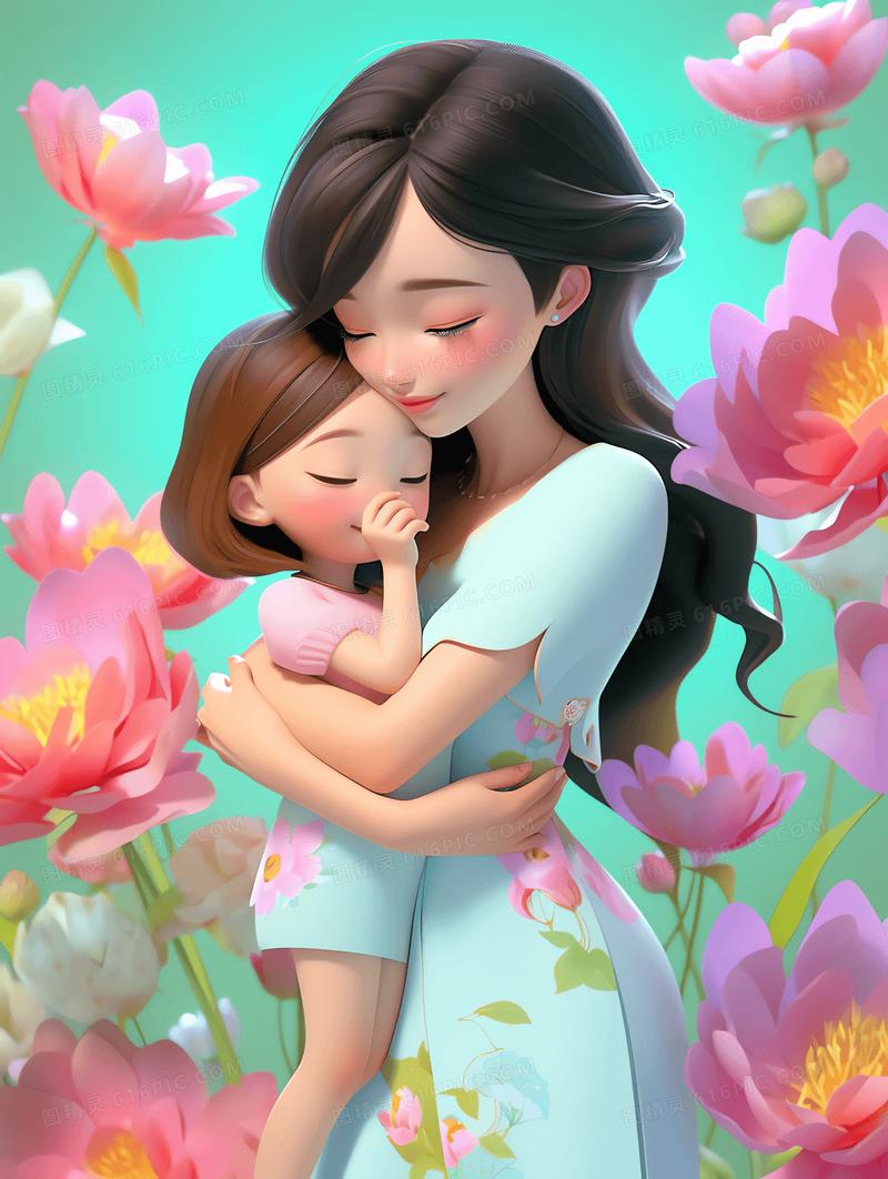 温柔的母亲蹲下拥抱哭泣小女孩的治愈系亲子插画