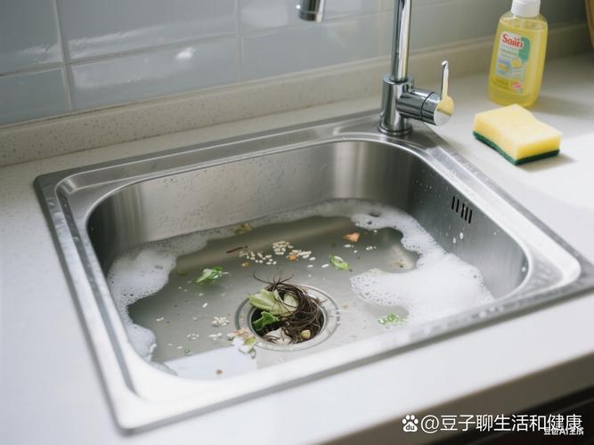 厨房堵塞后积满水的不锈钢洗菜池