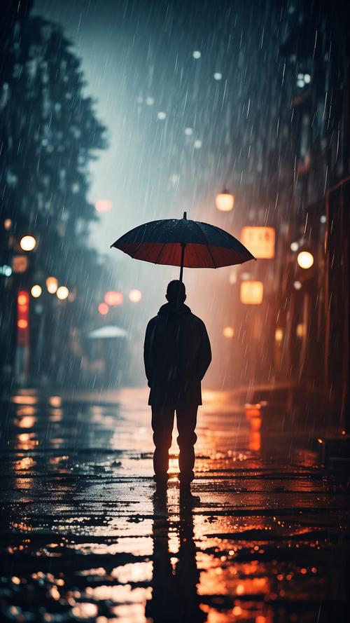 雨中路灯下无影的人站立