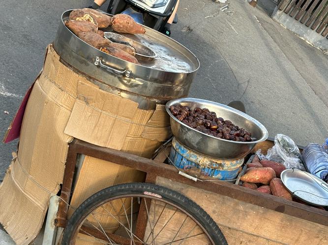 德州老巷里二八自行车车筐放着炸藕盒的日常场景
