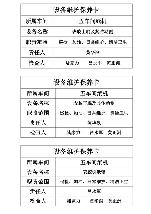 工厂车间设备TPM维护责任卡实拍