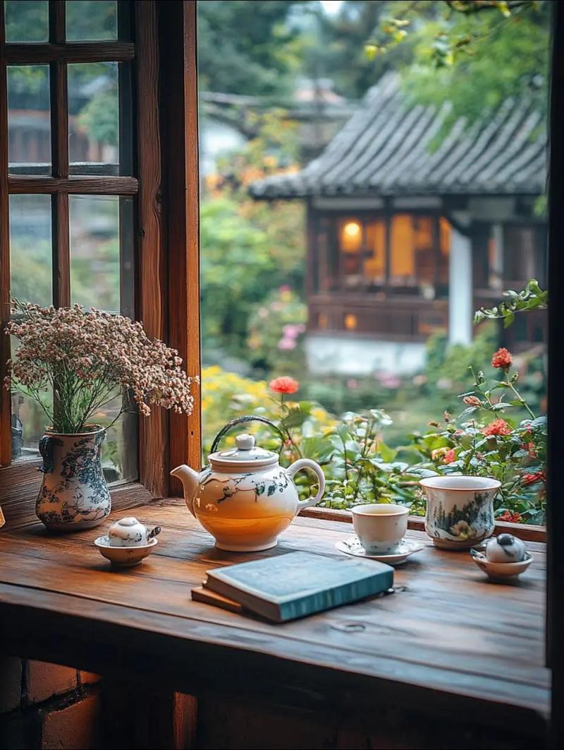古镇茶馆木窗与菊花茶