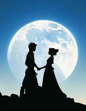 新人婚礼夜晚牵手仰望满月剪影