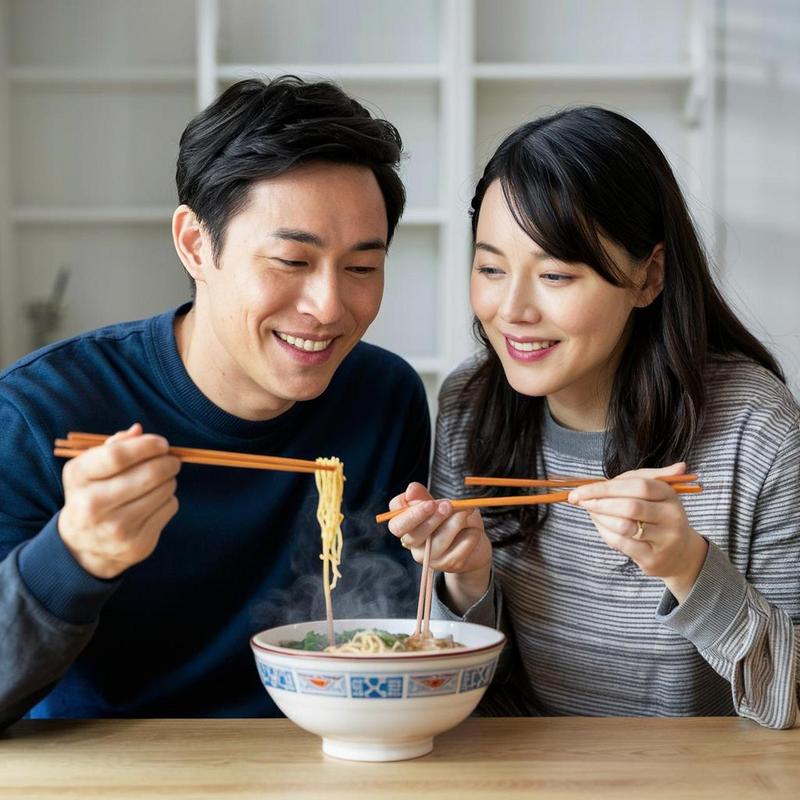 夫妻吵架后和好一起吃面