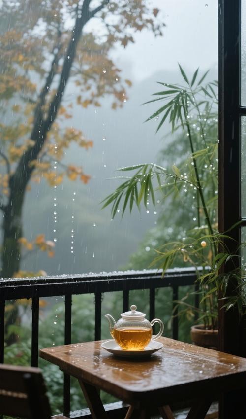 细雨中的杭州茶馆窗外绿树朦胧