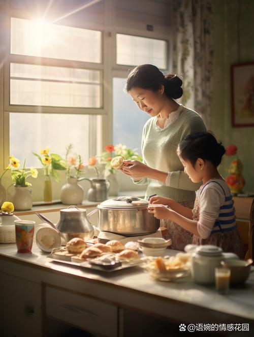 父亲与孩子在厨房一起慢慢揉面团的温馨光影