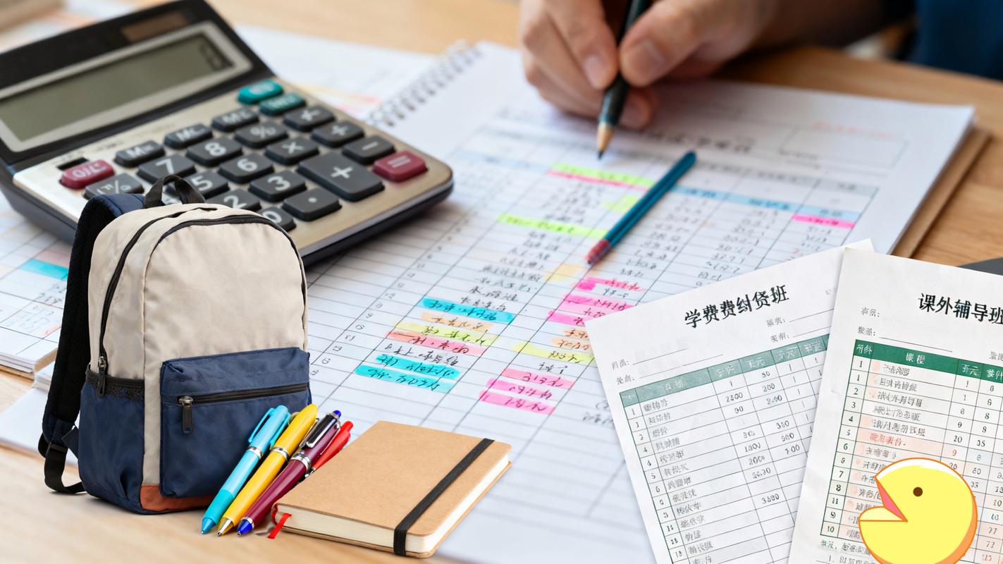 学生低头算账，旁边堆着书本和学费单