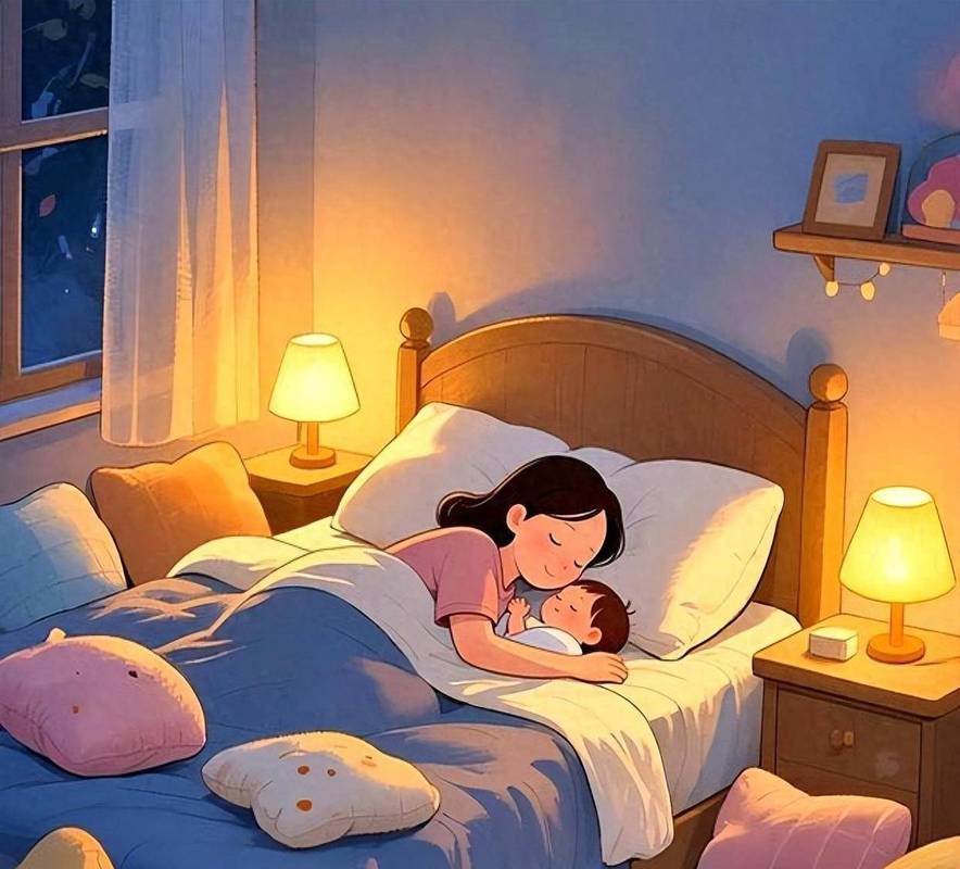 夜晚妈妈在床边看着熟睡孩子沉思的温馨插画
