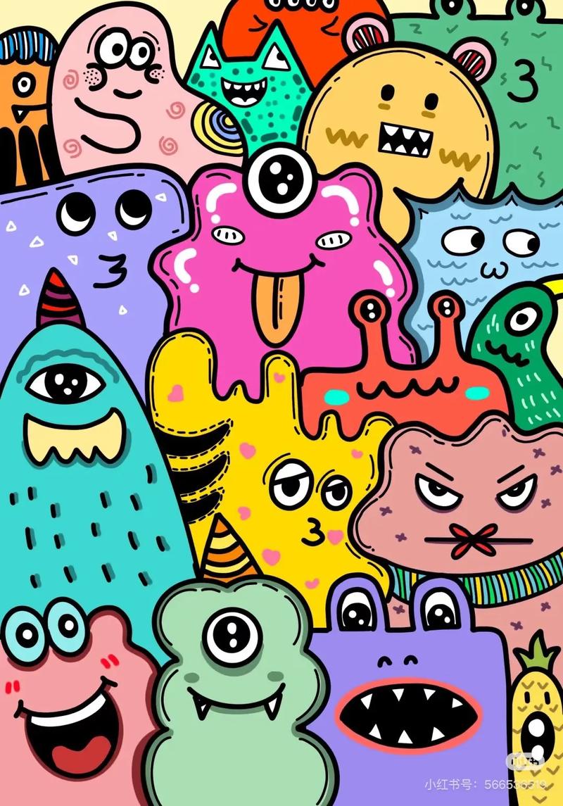 孩子手绘的充满想象力的怪物与AI绘画对比展示