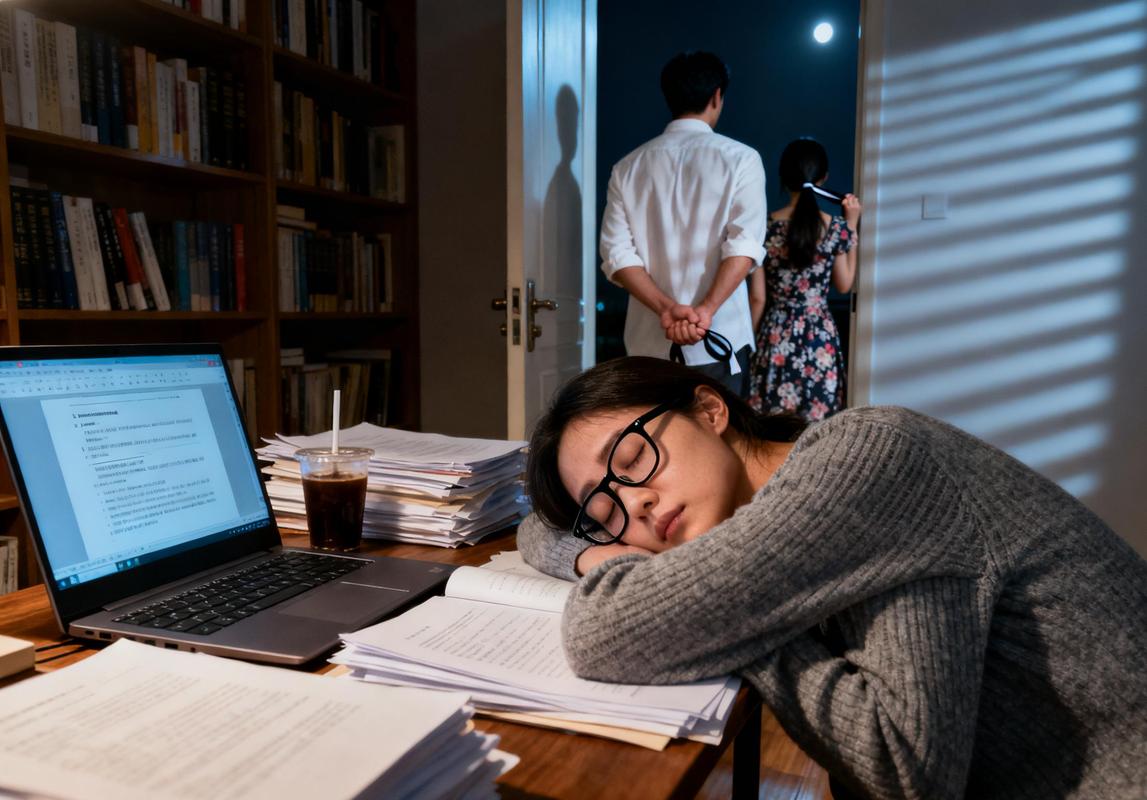 访问学者在图书馆熬夜查资料的疲惫场景